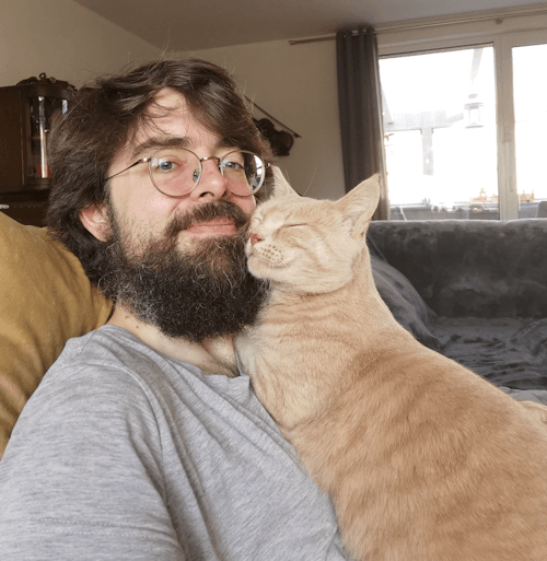 Filou, der große Tigerkater, bekommt vom Katzensitter den Hinterkopf gekrault. Beide scheinen mit der Situation hochzufrieden...